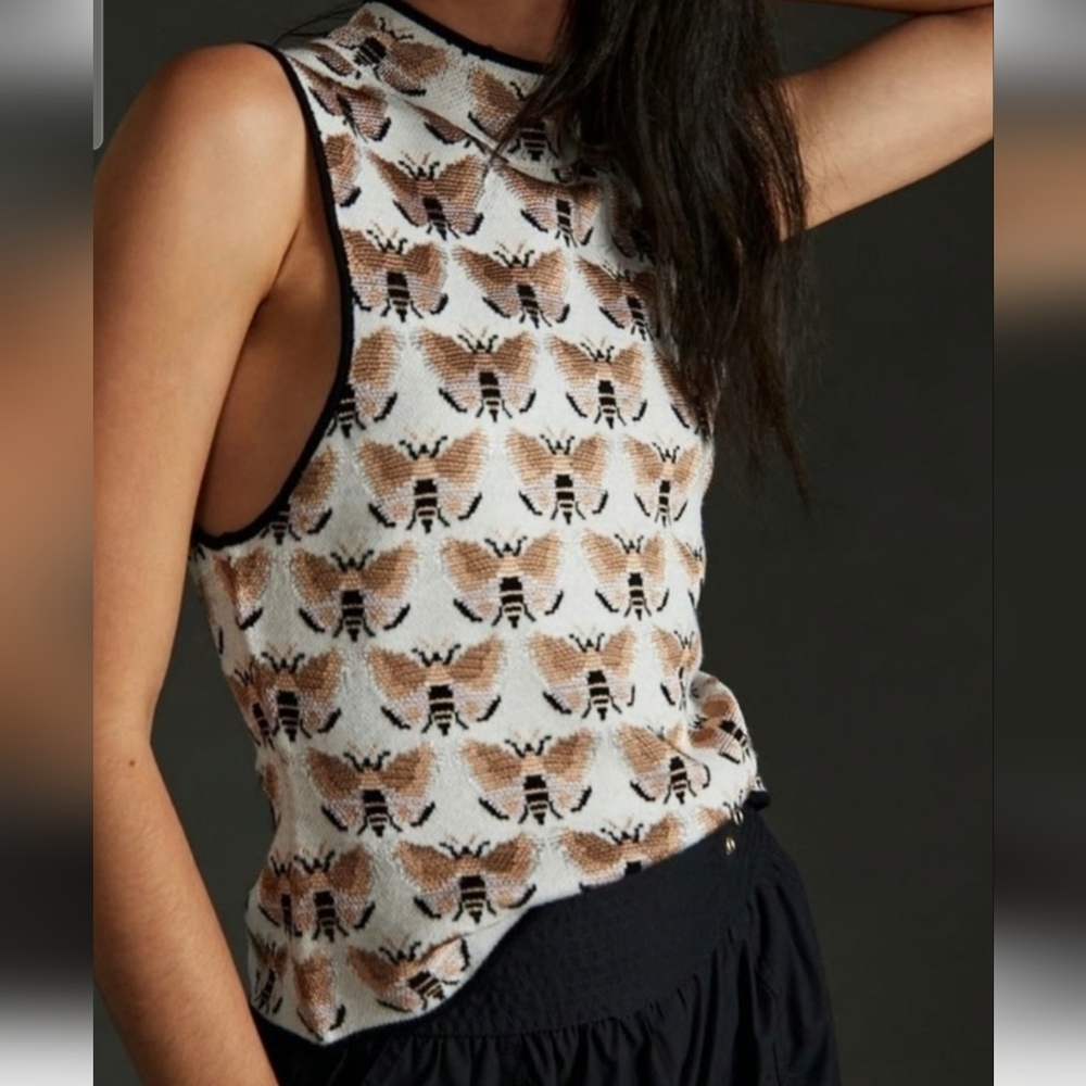 Anthropologie x Sarah Gordon Maria Mock Neck Sweater Tank–Bee Print Metallic. M - Picture 2 of 16